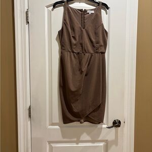 Elegant Brown Sleeveless Pencil Dress with faux wrap skirt M